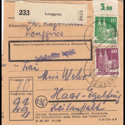 BiZone Paketkarte 1948: Lenggries nach Haar, Heilanstalt