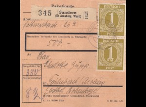 Paketkarte 1947: Sundern nach Feilnbach, Gasthof, Wertkarte