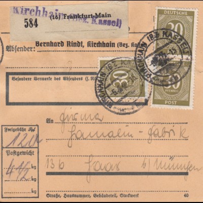 Paketkarte 1948: Kirchhain nach Haar, Selbstbucher