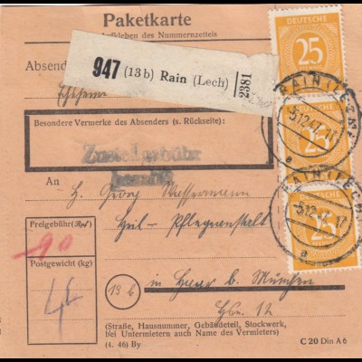 Paketkarte 1947: Rain Lech nach Haar, Pflegeanstalt