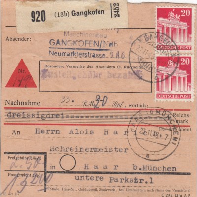 BiZone Paketkarte 1948: Gangkofen, Maschinenbau nach Haar, Nachnahme