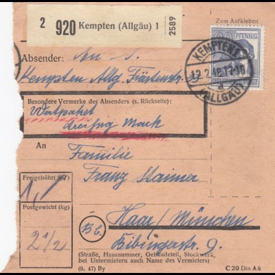 Paketkarte 1948: Kempten Allgäu nach Haar, Wertkarte