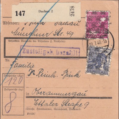 BiZone Paketkarte 1948: Dachau nach Oberammergau