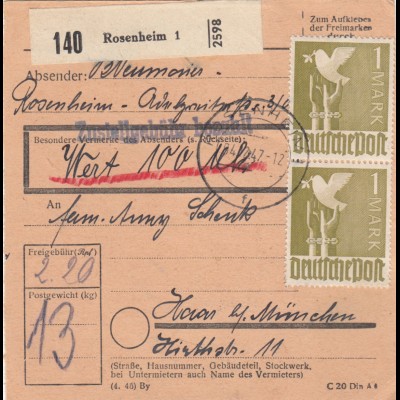 Paketkarte 1947: Rosenheim nach Haar, Wertkarte