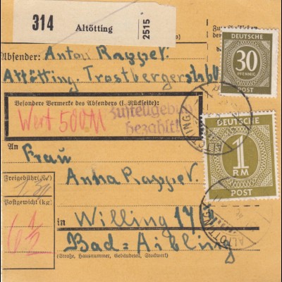 Paketkarte 1946: Altötting nach Bad Aibling, Wertkarte