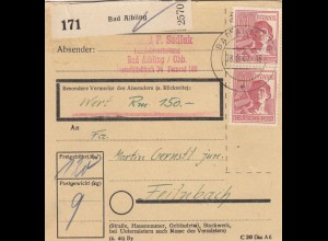 Paketkarte 1947: Bad Aibling nach Feilnbach, Wertkarte