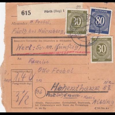 Paketkarte: Fürth nach Hohenthann, Wertkarte