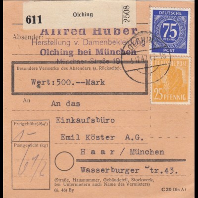 Paketkarte 1947: Olching, Damenbekleidung nach Haar, Wertkarte
