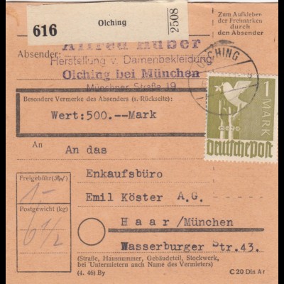 Paketkarte 1947: Olching nach Haar, Einkaufsbüro, Wertkarte