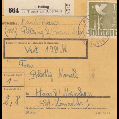Paketkarte 1947: Palling nach Haar, Wertkarte