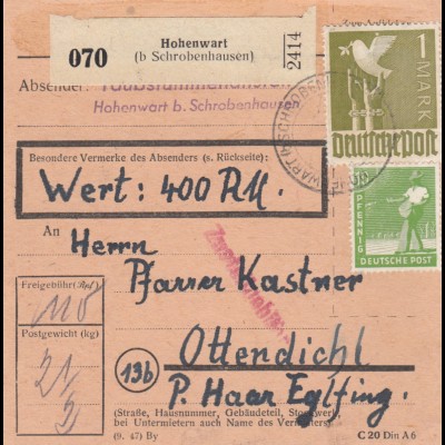 Paketkarte: Hohenwart nach Pfarrer Kastner in Ottendichl, Wertkarte