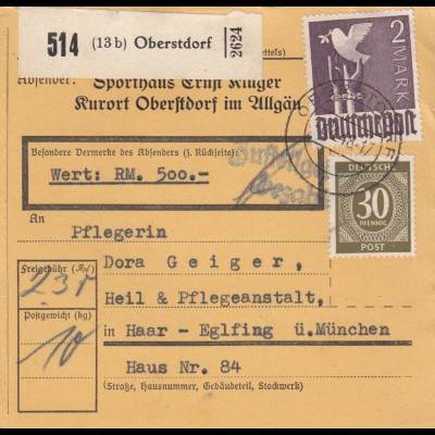 Paketkarte 1948: Sporthaus Oberstdorf nach Haar, Selbstbucher, Wertkarte
