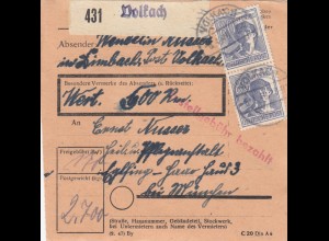 Paketkarte 1948: Limbach Post Volkach nach Eglfing, Pflegean., Wertkarte