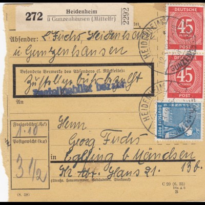 Paketkarte 1948: Gunzenhausen nach Eglfing b.München