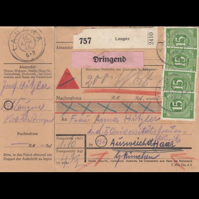 BiZone Paketkarte 1948: Laugna nach Haar, Dringend, Nachnahme, Wertkarte