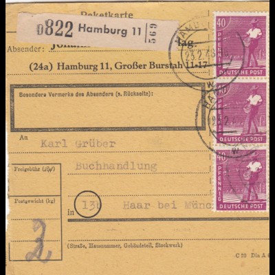 Paketkarte 1948: Hamburg 11 nach Buchhandlung Haar, Selbstbucher