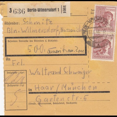 Paketkarte 1948: Berlin-Wilmersdorf nach Haar, Wertkarte