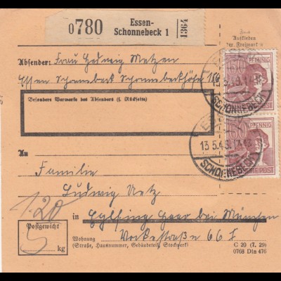Paketkarte 1948: Essen-Schonnebeck nach Eglfing