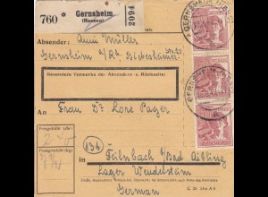 Paketkarte 1947: Gernsheim nach Feilnbach, Lager Wendelstein