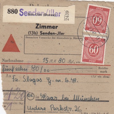 Paketkarte 1948: Senden Iller nach Haar, Nachnahme, Selbstbucher
