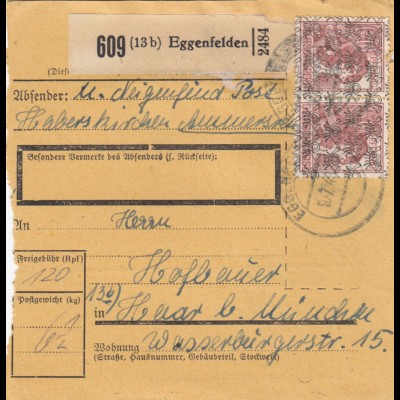 BiZone Paketkarte 1948: Eggenfelden Post Haberskirchen nach Haar