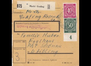 Paketkarte 1948: Markt Grafing nach Egglhaus Post Schönau