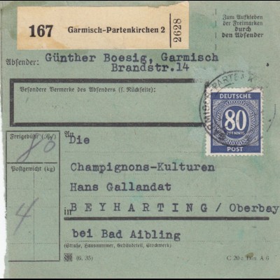 Paketkarte 1947: Garmisch-Patenkirchen nach Beyharting, bes. Formualr