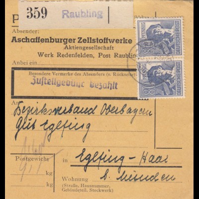 Paketkarte 1948: Redenfelden Raubling nach Eglfing, Selbstbucher