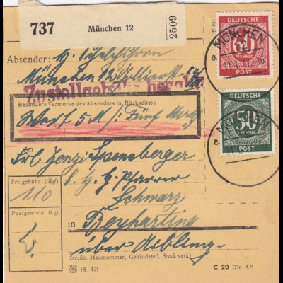 BiZone Paketkarte 1947: München nach Beyharting, Wert 5 DM