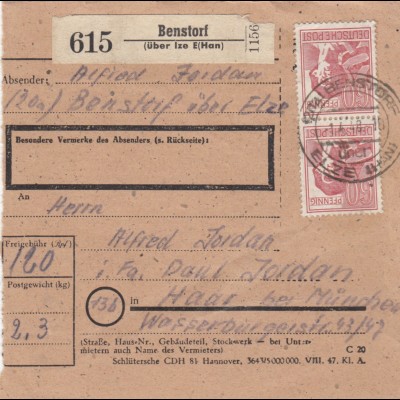 Paketkarte 1948: Benstorf über Ize E(Hannover) nach Haar bei München