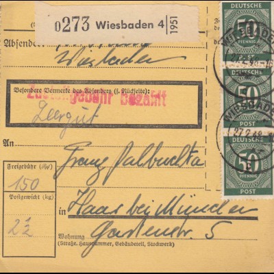Paketkarte 1948: Wiesbaden nach Haar, Leergut