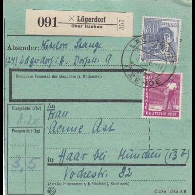 Paketkarte 1948: Lägerdorf nach Haar, besonderes Formular