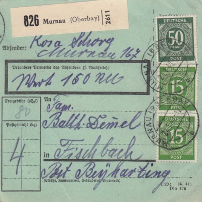 Paketkarte 1947: Murnau nach Fischbach, besonderes Formular, Wertkarte