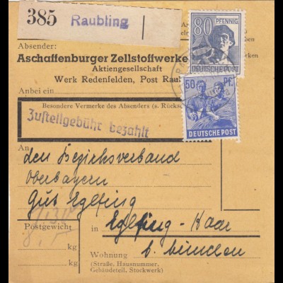 Paketkarte 1948: Redenfelden, Zellstoffwerke nach Eglfing, Selbstbucher
