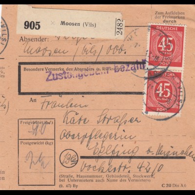 Paketkarte 1948: Moosen nach Oberpflegerin in Eglfing