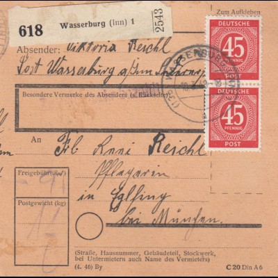 Paketkarte 1948: Wasserburg nach Eglfing, Pflegerin