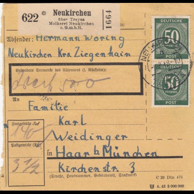 Paketkarte 1948: Molkerei Neukirchen nach Haar, Selbstbucher, Wertkarte
