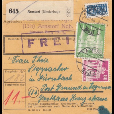 BiZone Paketkarte 1948: Arnstorf n. Dürnbach, Post Gmund, Gasthaus Kraus, Notopf