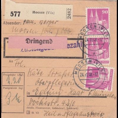 BiZone Paketkarte 1948 : Moosen nach Eglfing, Dringend