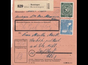 Paketkarte 1948: Benningen nach Stockötz Hart a.d. Alz