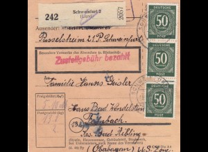 Paketkarte 1947: Pusselsheim Post Schweinfurt nach Feilnbach