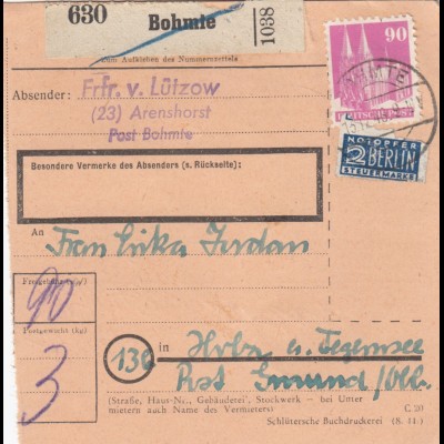 BiZone Paketkarte 1948: Bohmte nach Holz am Tegensee, Notopfer