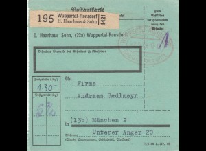 BiZone Paketkarte 1949: Ronsdorf, Selbstbucher, bes. Formu., Geb. bez. Stempel