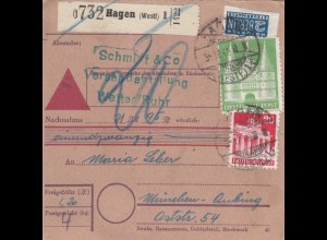 BiZone Paketkarte 1948: Wetter/Ruhr nach Aubing, Nachnahme, Nachgebühr, Notopf.