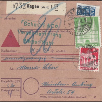 BiZone Paketkarte 1948: Wetter/Ruhr nach Aubing, Nachnahme, Nachgebühr, Notopf.