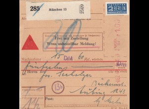 BiZone Paketkarte 1948: München nach Aubing, Nachnahme, Notopfer, Nachgebühr