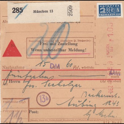 BiZone Paketkarte 1948: München nach Aubing, Nachnahme, Notopfer, Nachgebühr