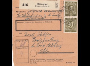 Paketkarte 1947: Mittenwald nach Bad Aibling