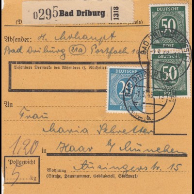 Paketkarte 1948: Bad Driburg nach Haar bei München
