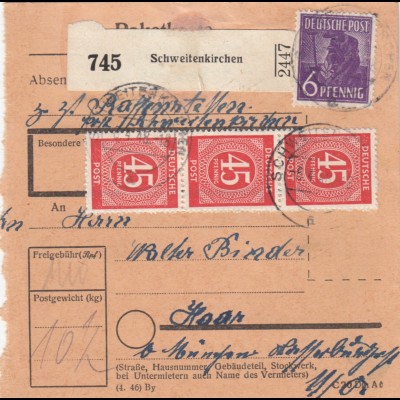 Paketkarte 1948: Schweitenkirchen nach Haar bei München